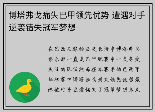 博塔弗戈痛失巴甲领先优势 遭遇对手逆袭错失冠军梦想